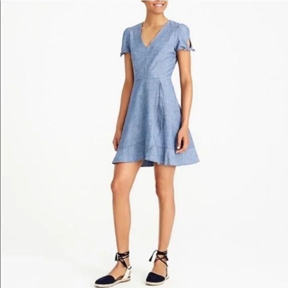 J. Crew Women's Denim Chambray Faux Wrap V-Neck Ruffle Mini Dress Blue‎ Sz 20